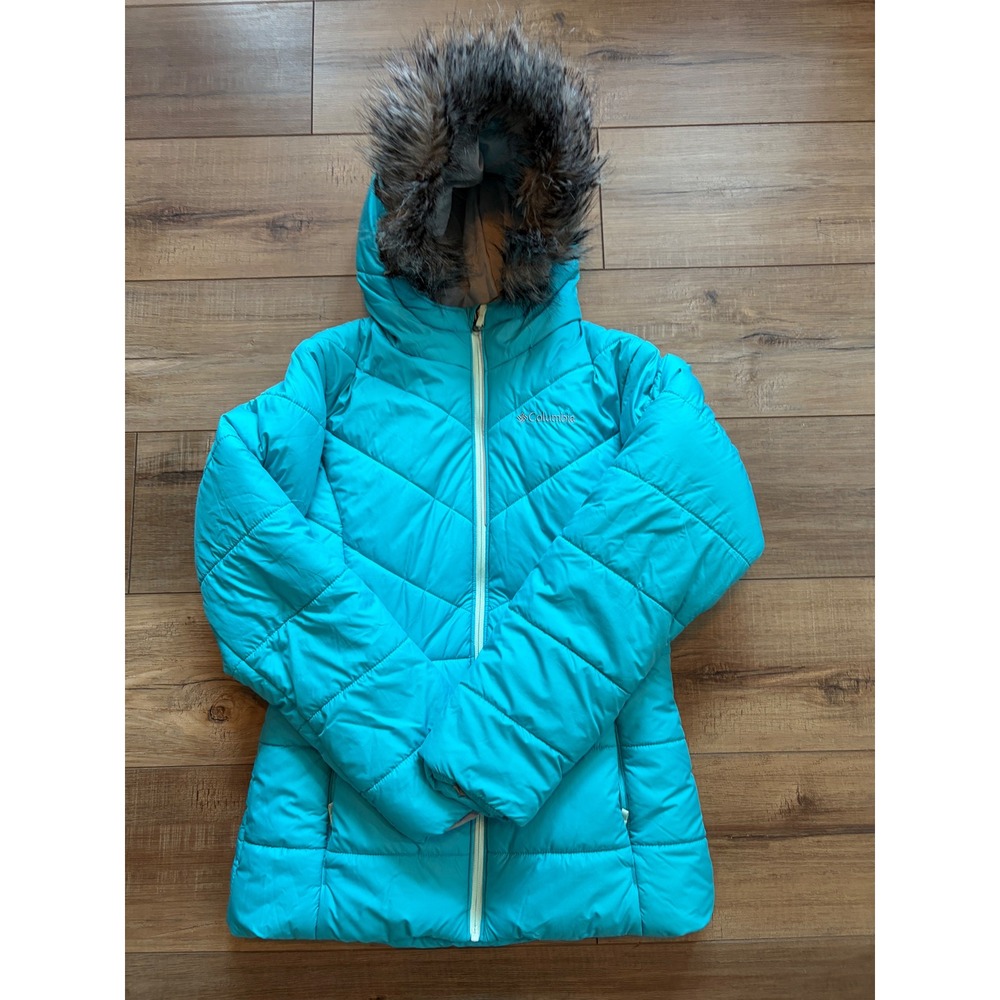 Columbia Girls Katelyn Crest Aqua Blue Faux Fur Hood Puffer Jacket Size L 14/16